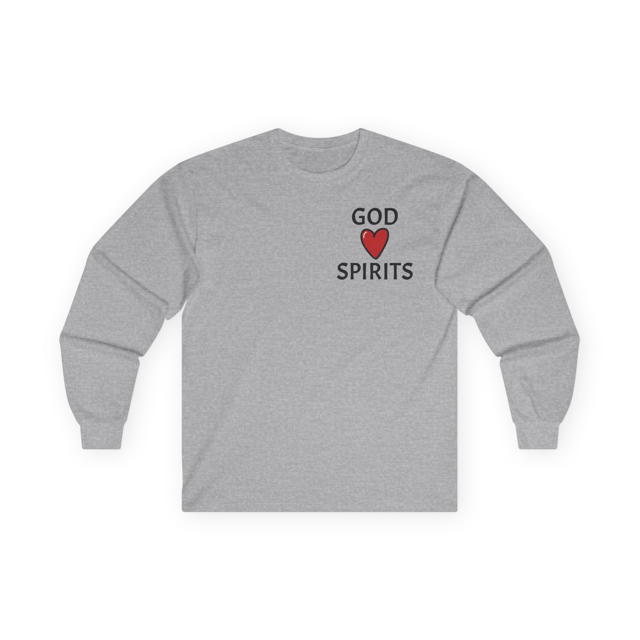 God Loves Spirits heart Long Sleeve Tee | Day of the Dead Tequila Skull Back Design