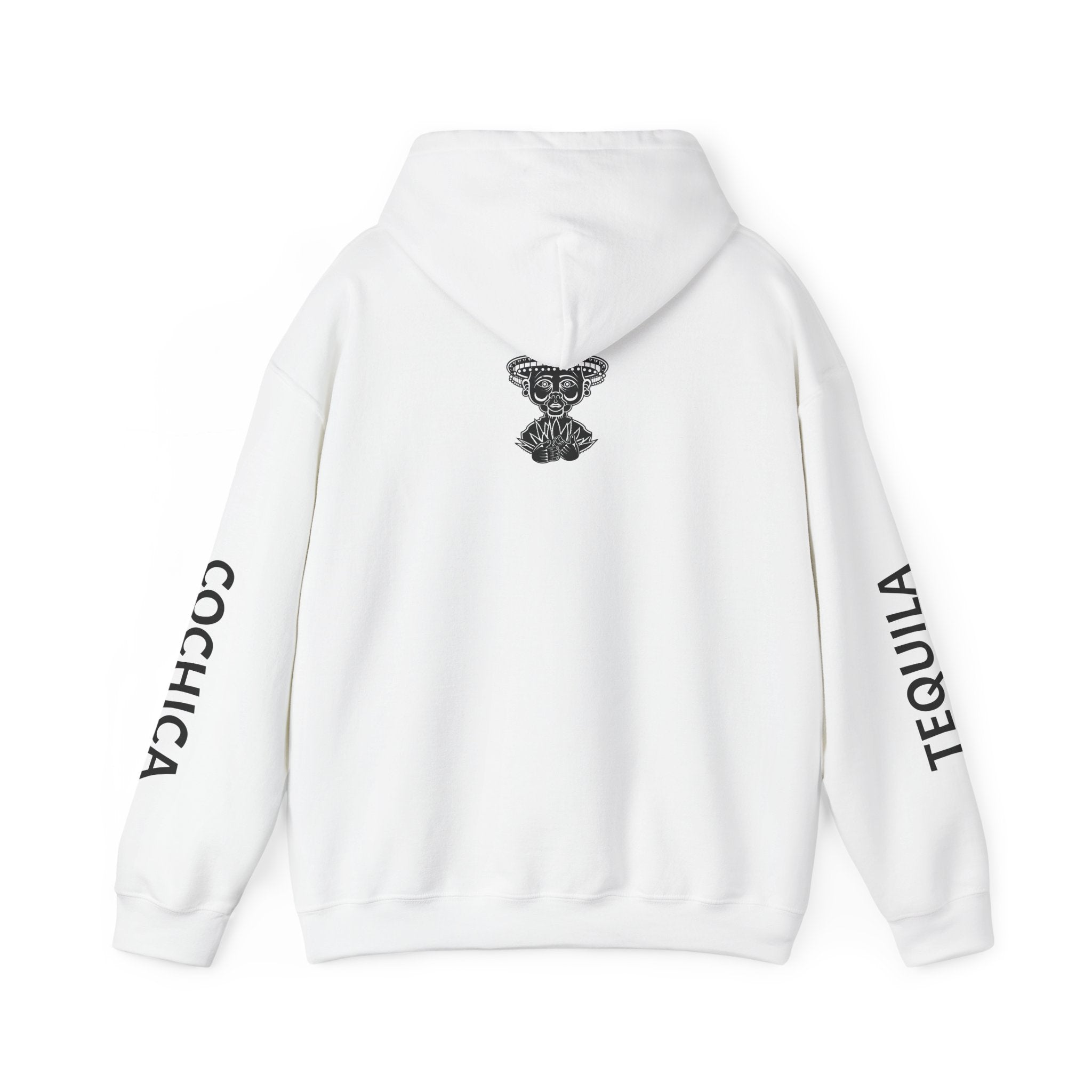 FOUNDER hoodie | White sweatshirt with text sleeves, small back skull emblem