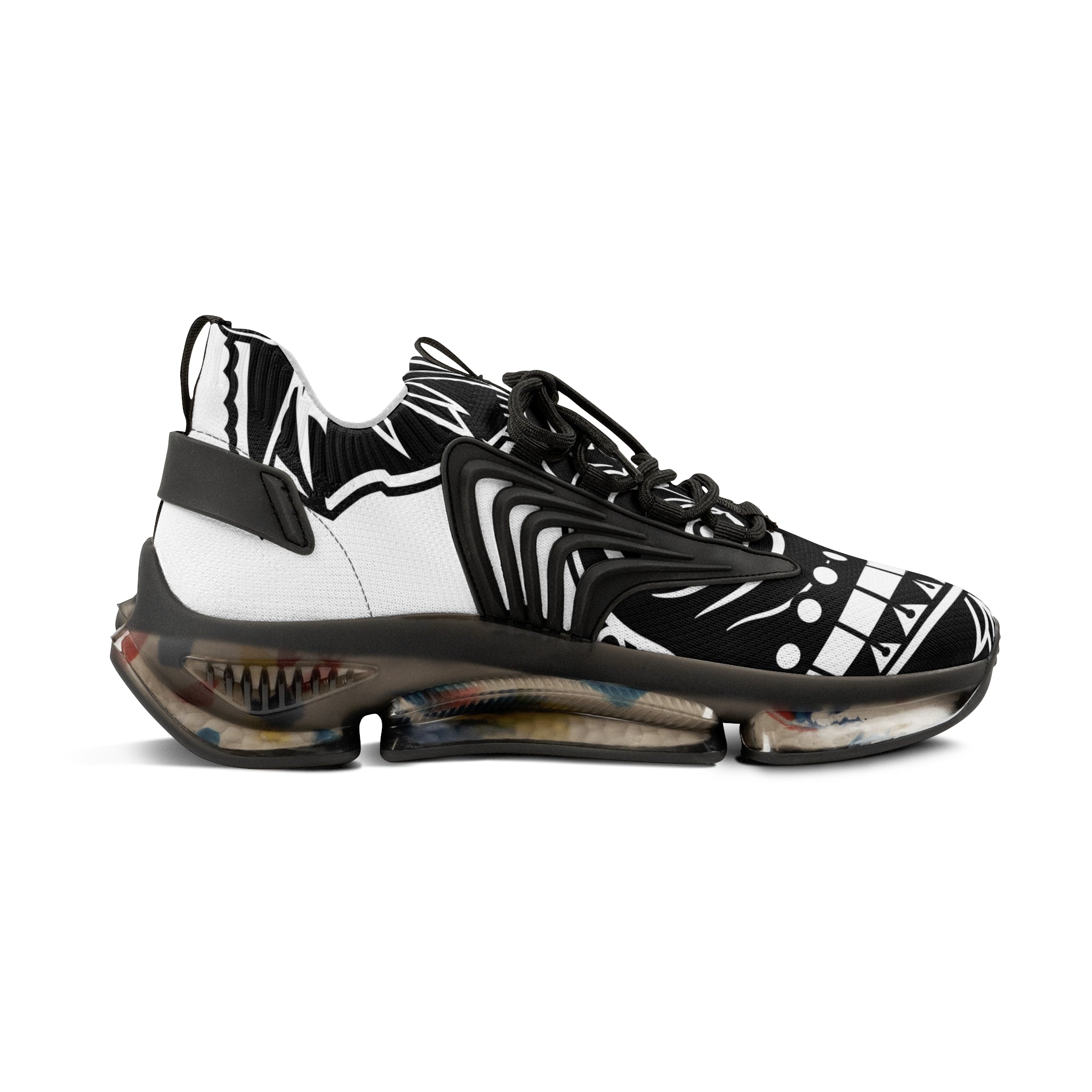 Cochica Artwork Men's Mesh Sneakers — Black & White Tribal Pattern Athletic Shoes