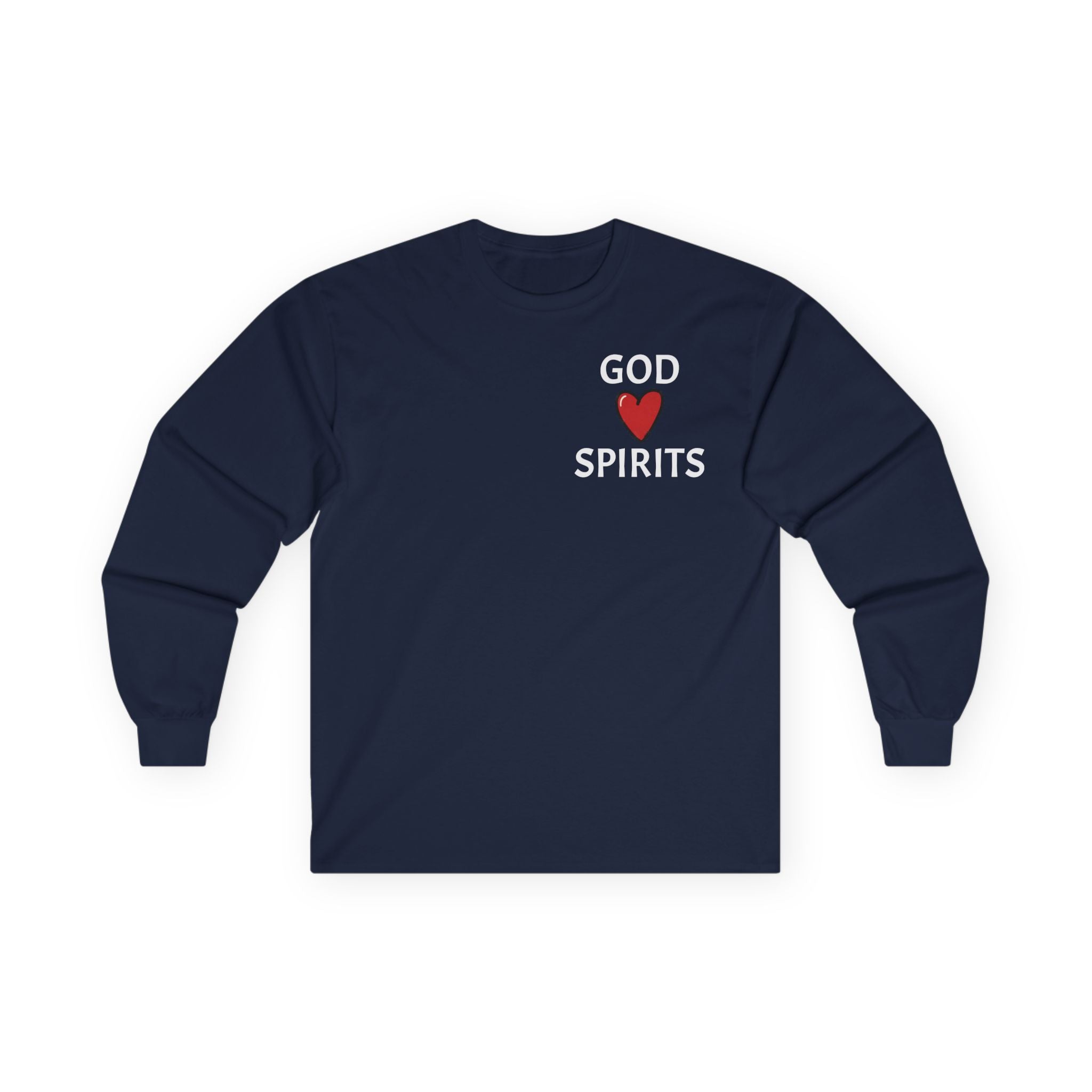God Loves Spirits heart Long Sleeve Tee | Day of the Dead Tequila Skull Back Design