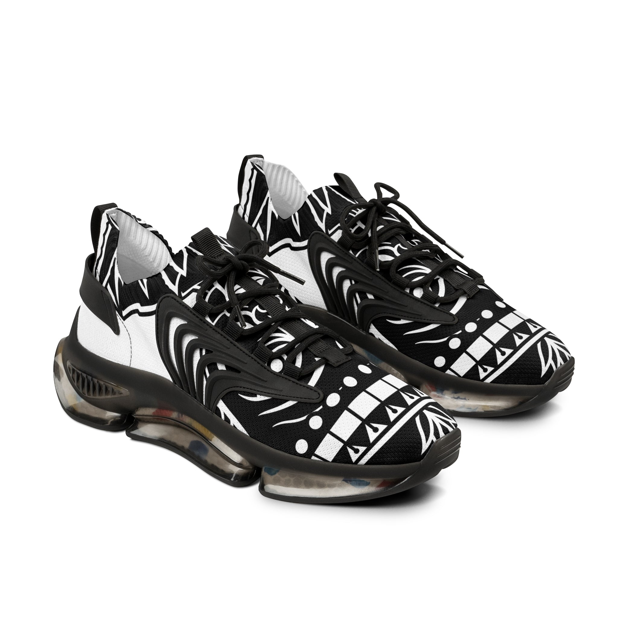 Cochica Artwork Men's Mesh Sneakers — Black & White Tribal Pattern Athletic Shoes