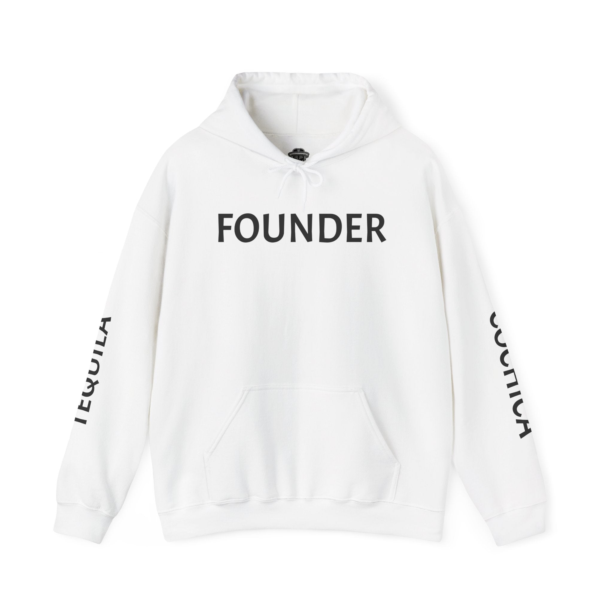 FOUNDER hoodie | White sweatshirt with text sleeves, small back skull emblem