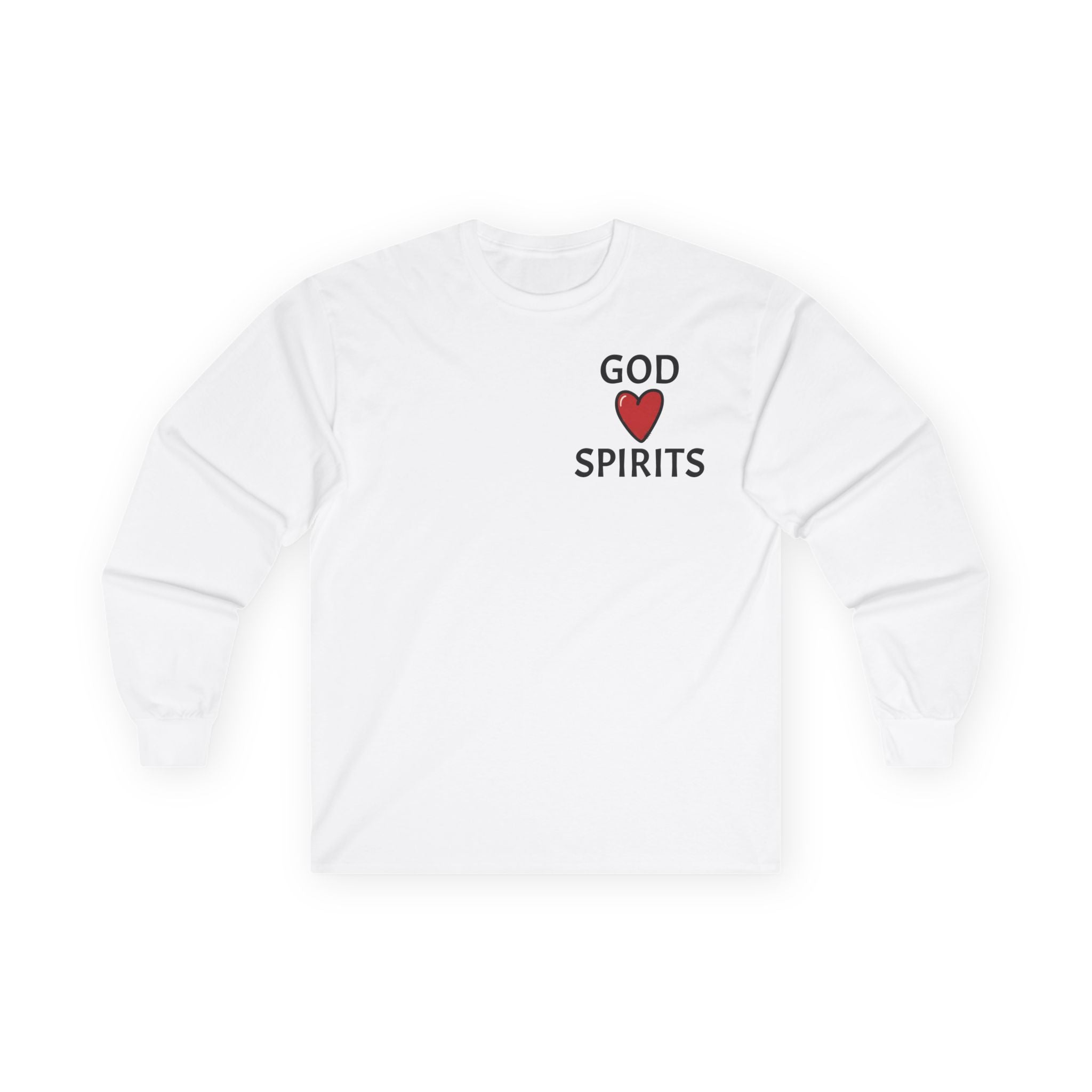 God Loves Spirits heart Long Sleeve Tee | Day of the Dead Tequila Skull Back Design